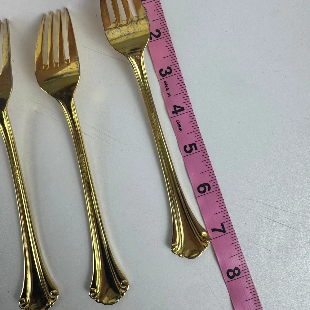 Vtg‎ Royal Gallery Gold Tone Dinner Forks Set 6 Japan Flared Scroll Handle